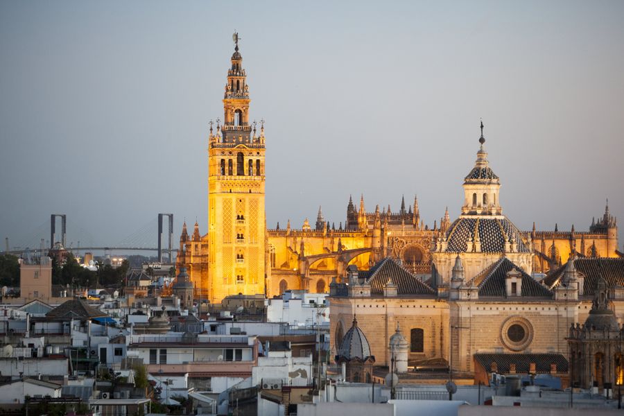 Seville's Alcazar and Cathedral illuminated at night